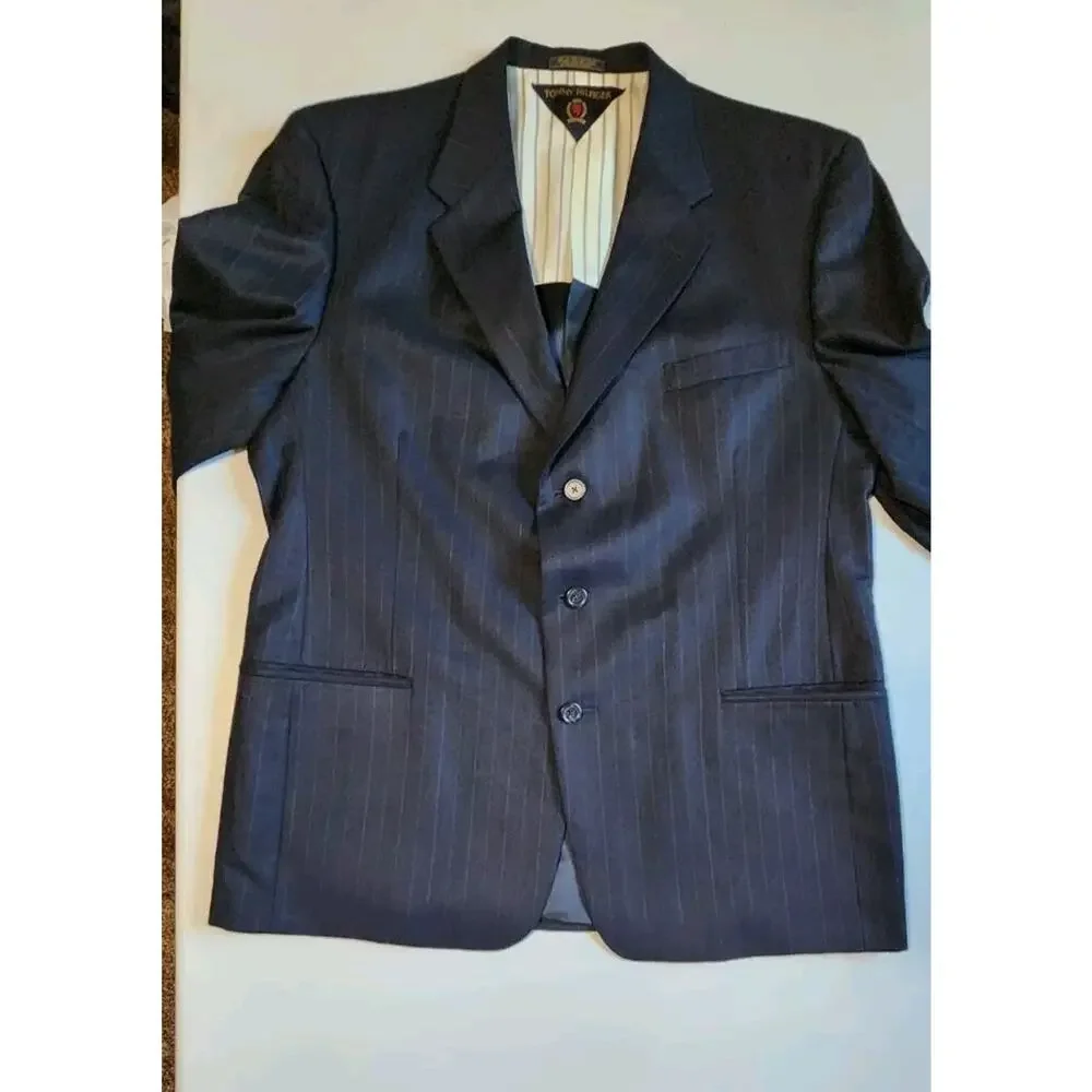 Vintage Tommy Hilfiger Men's Wool Sport Coat Navy Stripe Suit Jacket Made in USA